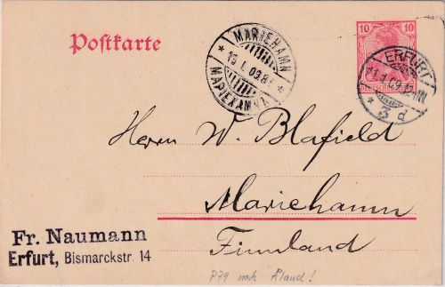 DR - 10 Pfg. Germania Ganzsache n. ÅLAND Erfurt 3 - Mariehamm 1909