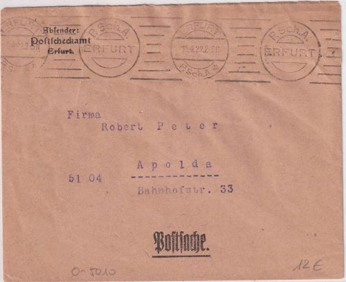 DR - Erfurt P.Sch.A. Masch.stpl. Portsache (Postscheckamt) n. Apolda 15.4.22