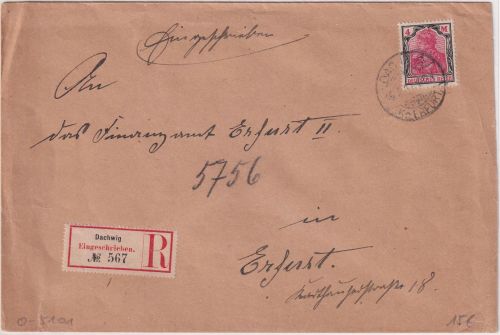 DR - 4 M. Germania Einschreibebrief Dachwig - Erfurt 15.2.22