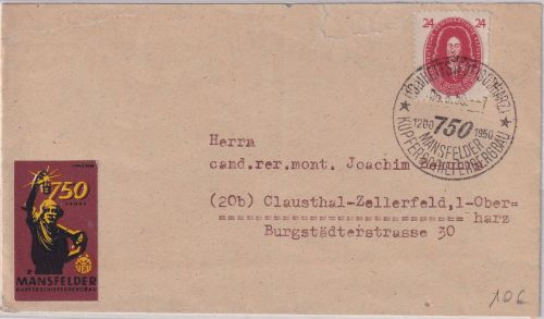 DDR - 24 Pfg. Akademie Brief Heitstedt (Südharz) - Clausthal-Z. 1950 Vignette