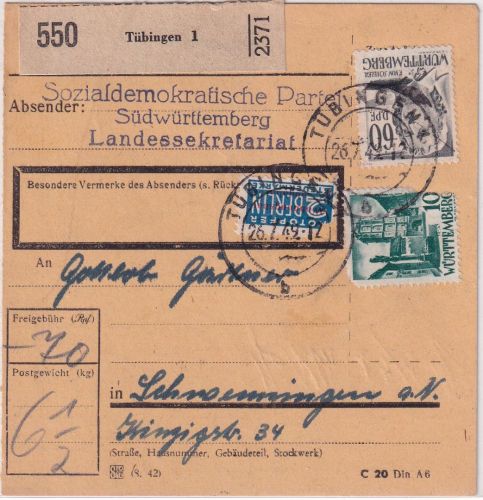 FZ/Württ. - 60+10 Pfg. 2./3. Ausgabe + WoBa Paketkarte Tübingen 26.7.49