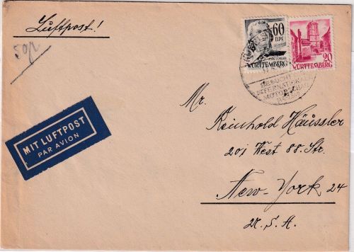 FZ/Württ. - 60+20 Pfg. 2./3. Ausgabe Luftpostbrief n. USA Reutlingen 11.4.48