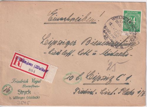 All.Bes. - Willingen (Waldeck) 18.12.47 Handwerbstpl Einschreibebrief n. Leipzig