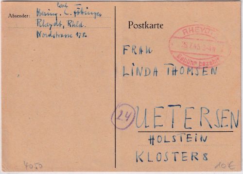All.Bes. - Rheydt 1 Gebühr bezahlt 28.7.45 Ovalstpl. Karte n. Uetersen