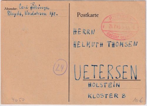 All.Bes. - Rheydt 1 Gebühr bezahlt 28.7.45 Ovalstpl. Karte n. Uetersen