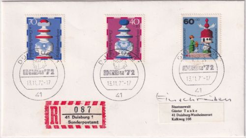 BRD - Duisburg Ikibu'72 SST + Sonder-R-Zettel Einschreibebrief 13.11.72