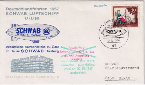BRD - Duisburg Luftschiff Schwab Deutschlandfahrt Sonderkuvert Ausfallstpl. 1967
