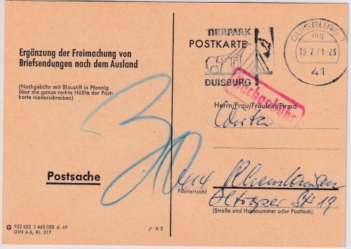 BRD - Duisburg 1971 Postsache/Ergänzung Freimachung f. Postsendung ins Ausland