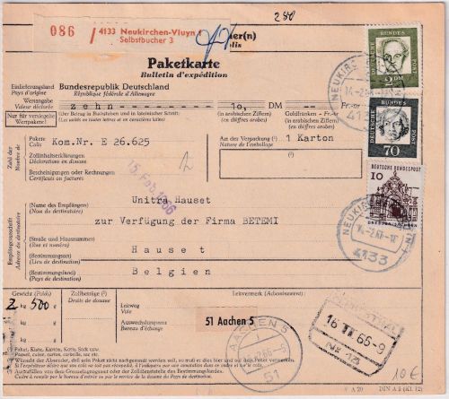 BRD - Neukirchen-Vluyn Selbstbucher 3 Paketkarte n. BELGIEN 14.2.66362 u.a.
