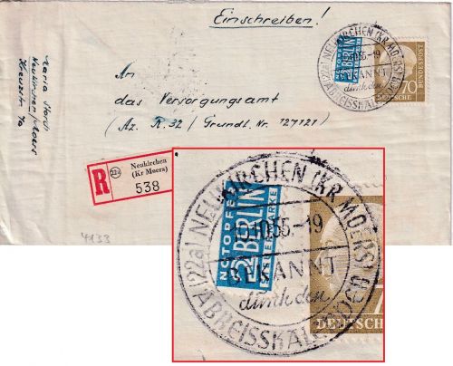 BRD - Neukirchen (Kr. Moers) Handwerbestempel Einschreibebrief 10.10.55