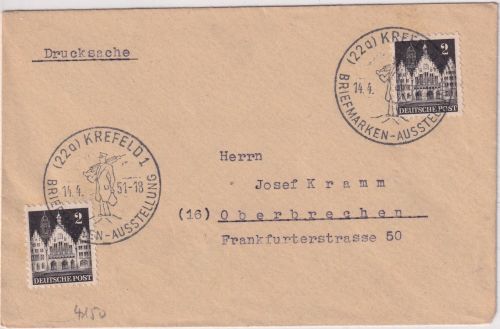 BRD - Krefeld 1951 Briefmarkenausstellung SST Drucksache n. Oberbrechen