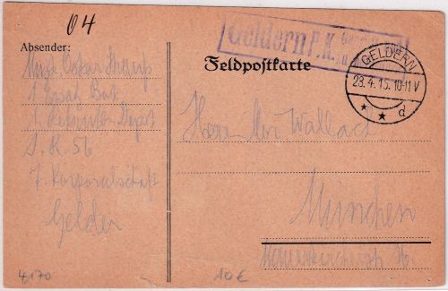 DR - Geldern P.K. Geprüft und zu befördern Zensurstempel Feldpostkarte 28.4.15