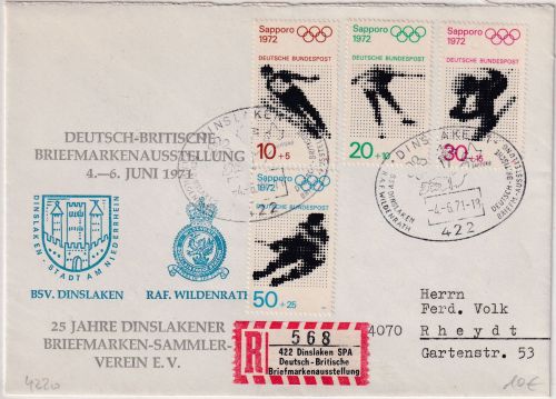 BRD - Dinslaken 1971 Dt.-Brit. Briefmarkenausstellung Einschreibebrief n. Rheydt