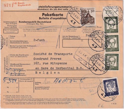 BRD - 3x2 DM Bed. Deutsche Paketkarte n. BELGIEN Essen-Kupferdreh 1.9.66