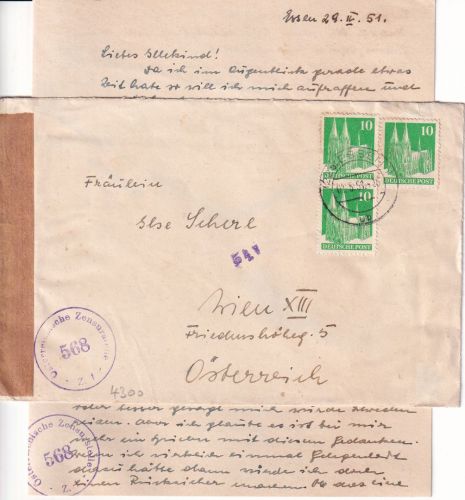BRD - 3x10 Pfg. Bauten Zensurbrief n. ÖSTERREICH Essen - Wien 1951