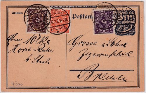 DR-Infla - 3 M. Postreiter Ganzsache+Zusatz 40 M.-Tarif Steele - Bremen 22.6.23