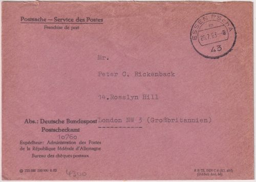 BRD - Essen PSchA 29.7.63 Postsache/Postscheckamt n. ENGLAND