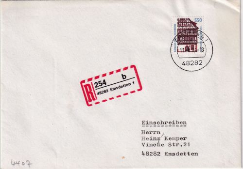 BRD - 550 Pfg. SWK Einschreibebrief/FDC (Selbstklebelabel) Emdsdetten 11.8.94