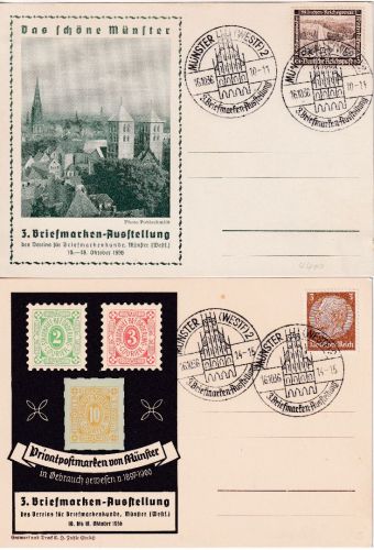 DR - Münster (Westf) 1936 SST 3. Briefmarken-Ausstellung auf 2 Sonderkarten