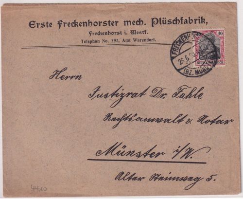 DR - Freckenhorst 1920 Firmenkuvert "Erste Freckenhorster mech. Plüschfabrik"