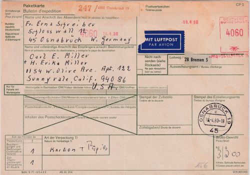 BRD - Osnabrück 18.4.80 40,60 DM Francotyp Luftpost-Paketkarte n. USA