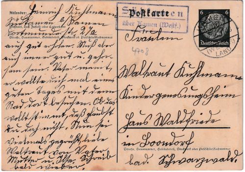 DR - Südkamen ü. Kamen Landpost-Ra2 Ganzsache n. Bonndorf 1936