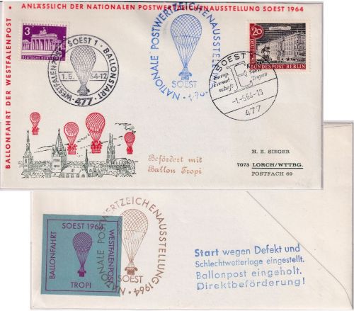 BRD - Soest 1964 Ballonfahrt d. Westfalenpost Schmuckkuvert m. Vignette