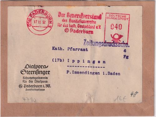 BRD - Paderborn 17.11.52 40 Pfg. AFS "Bonifatiusverein" Zeitungsdrucksache-Vds.