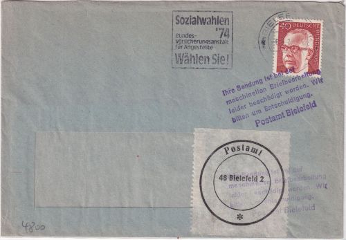 BRD - Bielefeld 1974 "Crashcover" (beschädigt b. masch. Bearbeitung