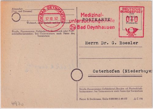 BRD - Bad Oeynhausen 17.10.52 10 Pfg. AFS "Medizinaluntersuchungsstelle" Karte