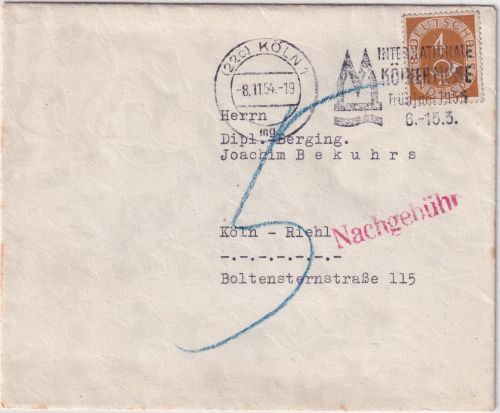 BRD - 4 Pfg. Posthorn Ortsbrief Köln 8.11.54 Nachporto