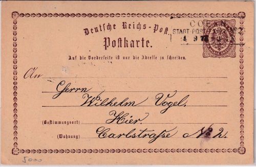 DR - 1/2 Gr Brustschild Ganzsache/Ortskarte Cöln Stadt-Post-Expedition No.2 1873