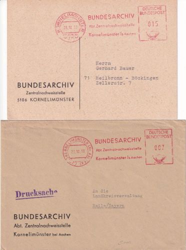 BRD - Kornelimünster 1960/63 7 + 15 Pfg. AFS "Bundesarchiv" Drucksache + Karte