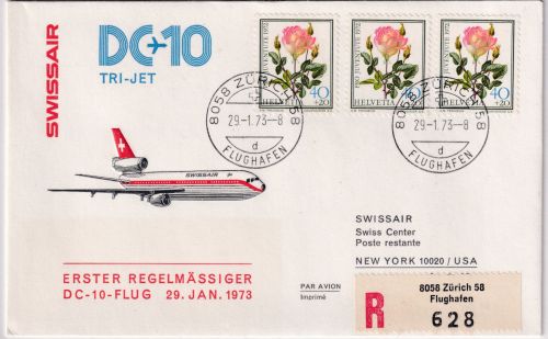 Schweiz - 3x40 Rp. Rosen Lufo-Einschreibebrief SWISSAIR Erstflug Zürich 29.1.73