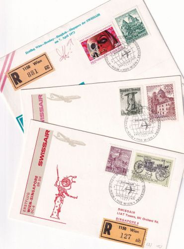 Österreich - SWISSAIR Erstflug Wien/Bombay-Singapore-Bangkok 7.4.73 3 Belege