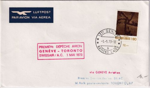UNO Genf - SWISSAIR Erstflug Genf/Toronto 1.5.73 Zuleitungspost