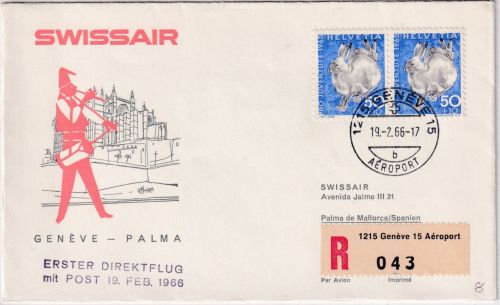 Schweiz - 2x50 Rp. Schneehase SWISSAIR Erstflug Genf/Palma 19.2.1966