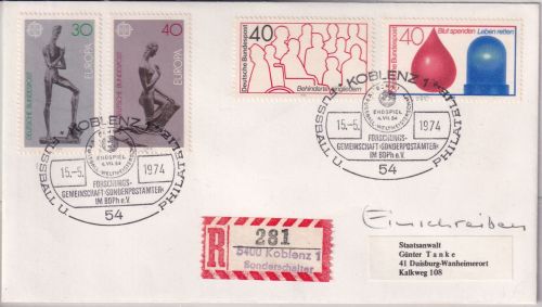 BRD - Koblenz "Fussball u. Philatelie" SST 1974 Einschreibebrief+Sonder-R-Zettel
