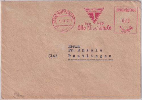 Bizone - Wuppertal-Elberfeld 1949 20 Pfg. Postalia-AFS "Klischan&Co." Brief