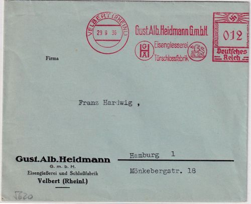 DR - Velbert 1936 12 Pfg. AFS "Heidmann GmbH" Brief n. hamburg