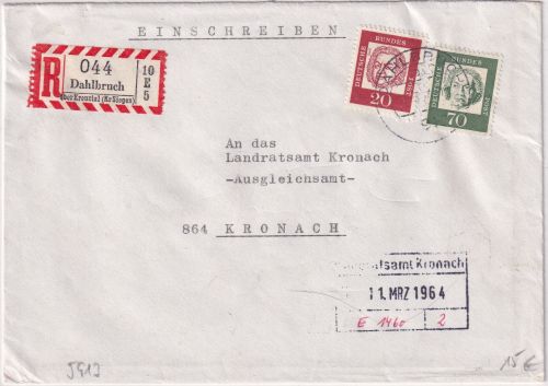 BRD - Dahlbruch ü. Kreuztal Poststelle I Einschreibebrief n. Kronach 10.3.64