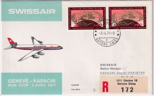 UNO Genf - SWISSAIR Erstflug Genf/Karachi 3.4.71 Zuleitungspost/Einschreiben