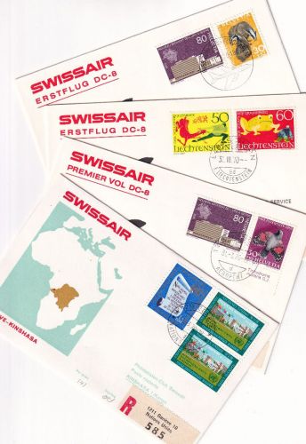 Schweiz - SWISSAIR Erstflug Zürich + Genf/Kinshasa 31.3.70 4 Luftpostbriefe