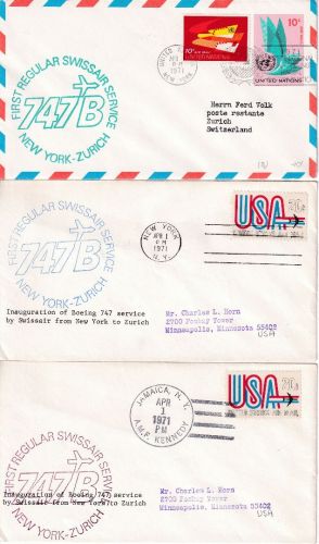 USA/UNO NY - SWISSAIR Erstflug New York/Zürich 1.4.1971 3 Flugpostbriefe