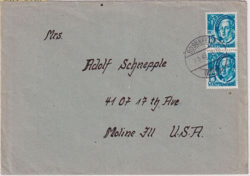 FZ/Württ. - 2x15 Pfg. 2. Ausgabe Brief n. USA Rosenfeld - Moline 5.5.49