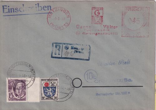 FZ/Württ. - 1. Ausgabe/Wappen/45 Pfg. AFS Mischfrankatur Einschreibebrief 5.5.48