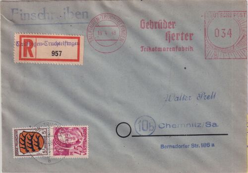 FZ/Württ. - 1. Ausgabe/Wappen/34 Pfg AFS Mischfrankatur Einschreibebrief 19.4.48