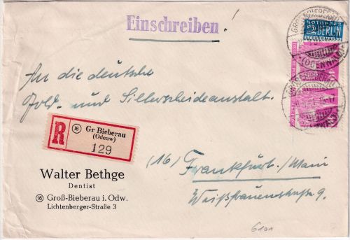 Bizone - 40 Pfg. Bauten eng gez. waagr. Paar Einschreibebrief Gr. Bieberau 1951