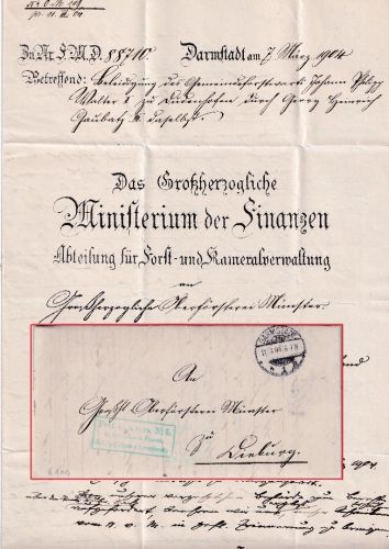 DR - Darmstadt 1904 Frei lt. Avers No.5 (Forstverwaltung) Brief n. Dieburg