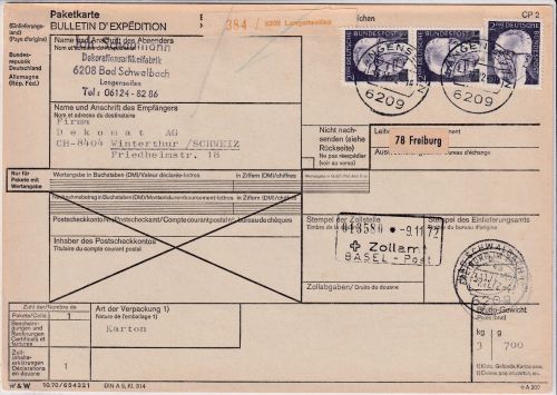 BRD - 3x2 DM Heinemann Paketkarte i.d. SCHWEIZ Langenseifen - Winterthur 1972